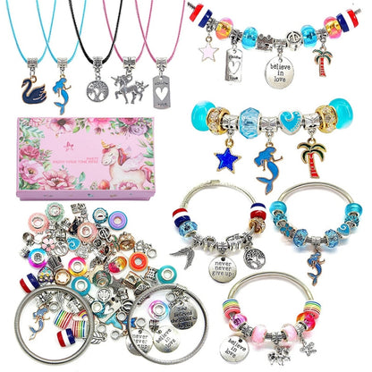 Kids charm bracelet set with colorful beads and unicorn, star dangle charms, 5 bracelets