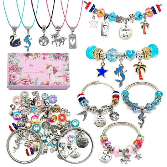 Kids charm bracelet set with colorful beads and unicorn, star dangle charms, 5 bracelets