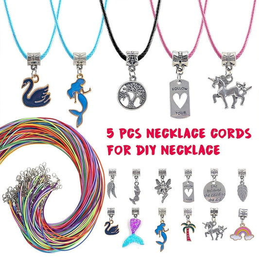 DIY necklace cord set with 5 charm pendants and colorful rainbow cords for kids