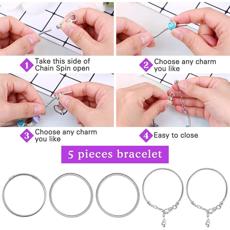 Five kids bracelet hoops with charm connectors and chain clasp instructions