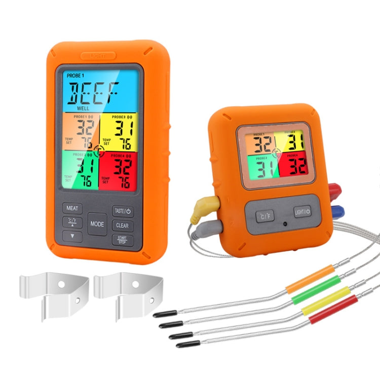 Orange color-screen wireless thermometer with two metal clips and probe cables