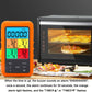 Orange thermometer near oven, color screen display and probe wires