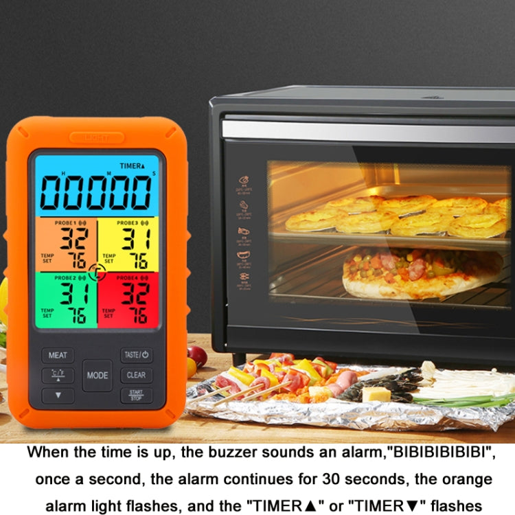 Orange thermometer near oven, color screen display and probe wires