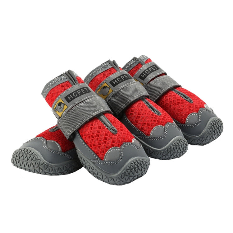 Red breathable dog shoes set with hook-and-loop straps and textured grippy soles (HCPET)