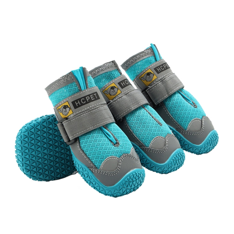 Blue mesh dog shoes with hook-and-loop straps and blue rubber tread soles, 4-pack.