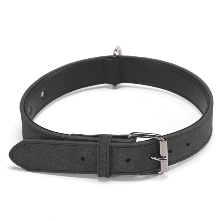 Double-layer leather dog collar in black with metal buckle and D-ring