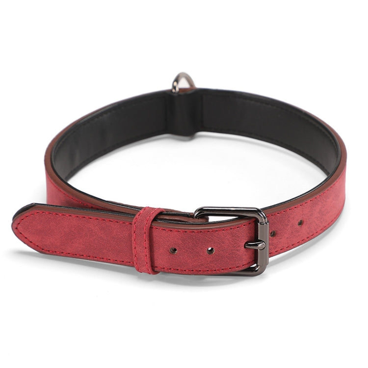 Red double-layer leather dog collar with metal buckle and D-ring