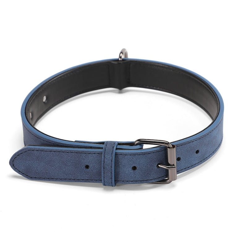 Navy blue double-layer leather dog collar with metal buckle and D-ring