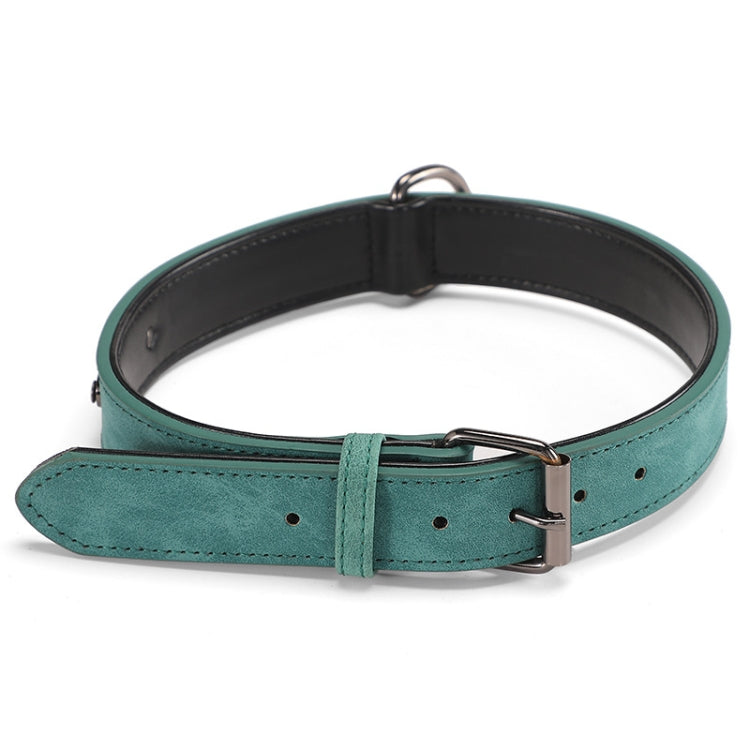 Green-teal double-layer leather dog collar with metal buckle and D-ring