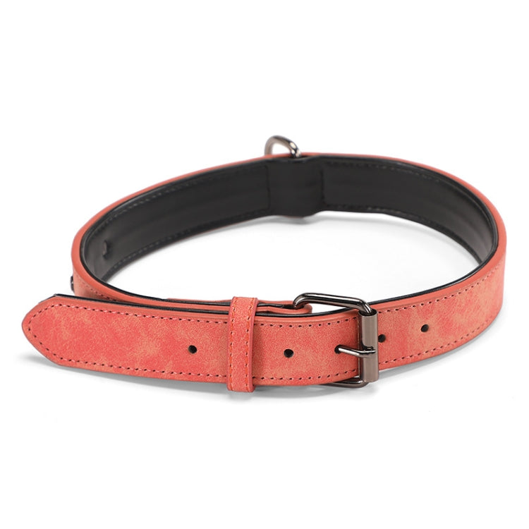 Orange-red double-layer leather dog collar with metal buckle and D-ring