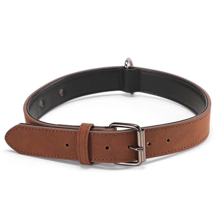 Double-layer leather dog collar in brown and black, with metal buckle and D-ring.