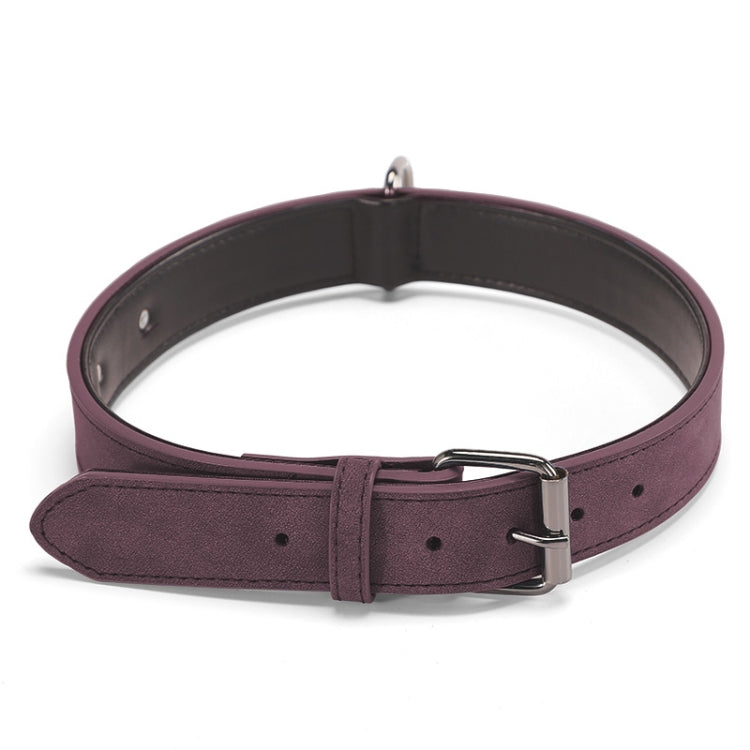 Double-layer leather dog collar in maroon and black, with metal buckle and D-ring.