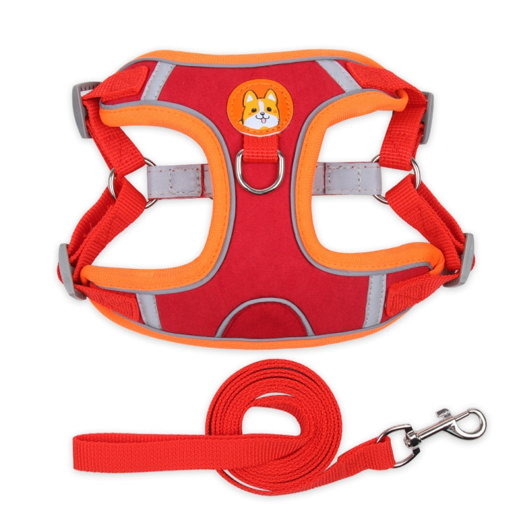 Red dog chest traction harness with orange trim and matching leash rope