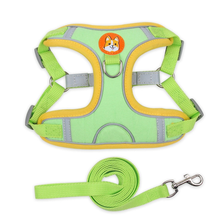 Green dog chest traction harness with yellow trim and matching leash rope