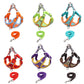 Assorted reflective dog chest traction harnesses with matching rope leashes and clips