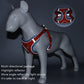 Red and blue dog chest traction harness with reflective trim and metal hardware