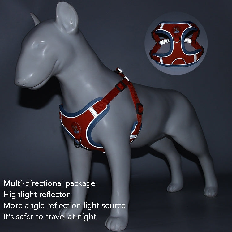 Red and blue dog chest traction harness with reflective trim and metal hardware