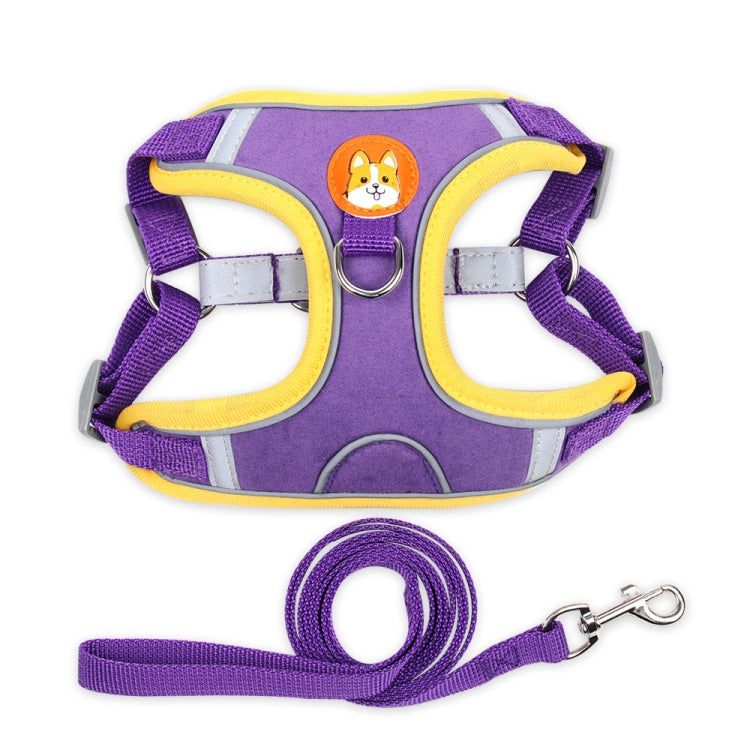 Purple dog chest traction harness with yellow trim and attached leash rope clip