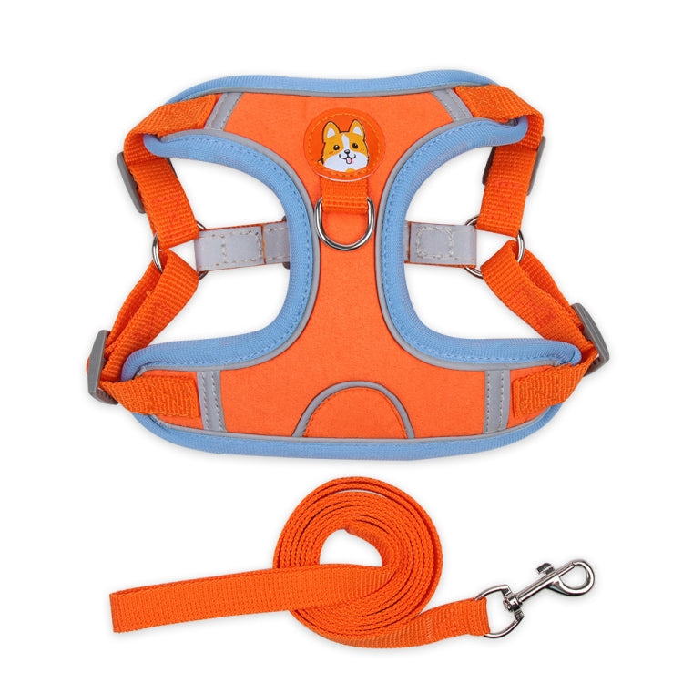 Orange reflective dog chest traction harness with light blue rope leash and clip