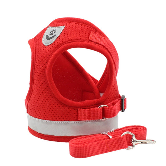 Red mesh dog chest harness with reflective trim, adjustable strap with D-ring