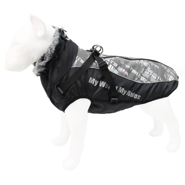 Warm dog winter coat, black with gray patterned back panel and fuzzy collar trim