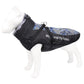 Warm dog winter coat, black with light blue patterned back panel and fuzzy collar trim