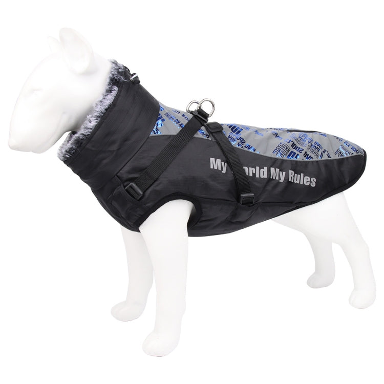 Warm dog winter coat, black with light blue patterned back panel and fuzzy collar trim