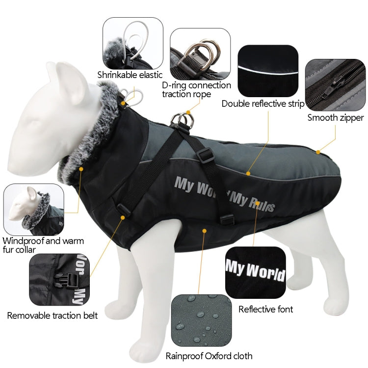 Reflective dog winter coat, black with gray faux-fur collar, traction belt, and straps
