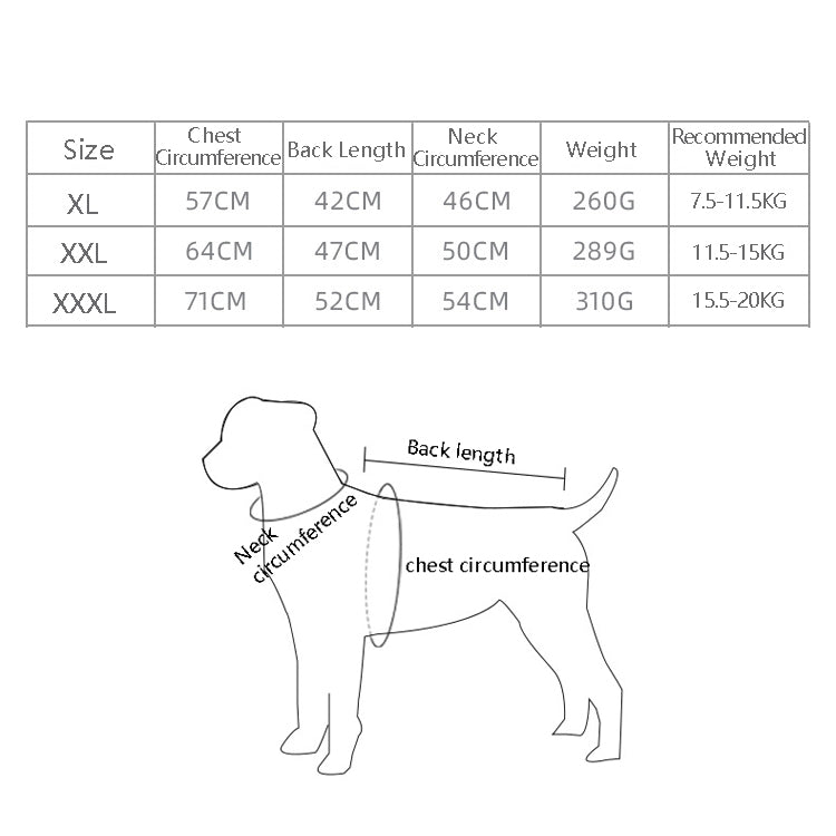 Dog clothes size chart diagram showing chest circumference and back length measurements