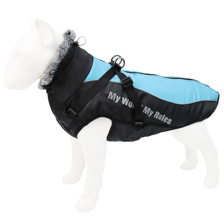 Reflective-style dog coat, black with sky blue panel, harness straps and fuzzy hood