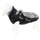 Reflective-style dog coat, black with gray patterned panel, harness straps and fuzzy hood