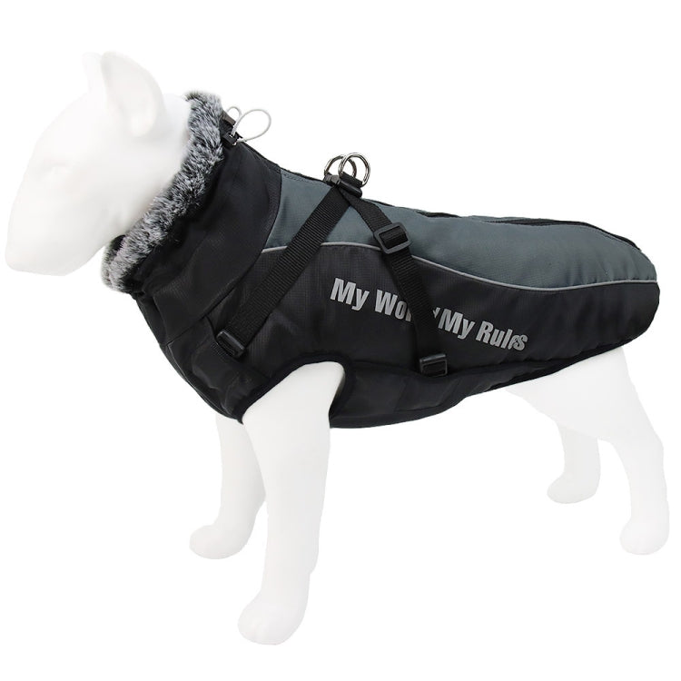 Reflective dog winter coat, black with gray faux-fur collar and adjustable chest straps