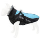 Reflective dog winter coat, black with light blue padded back panel and adjustable chest straps