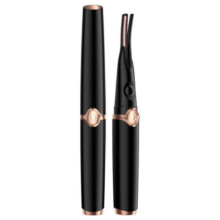 Heated electric eyelash curler with black barrel and rose-gold accents