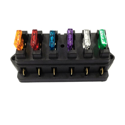 Six-way car DC fuse holder with black base and colored plug-in fuses (6)