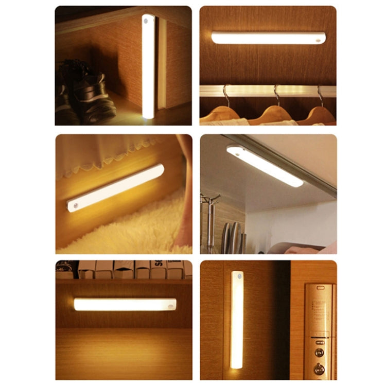 Rechargeable LED cabinet light bar in use, showing lit and side view angles