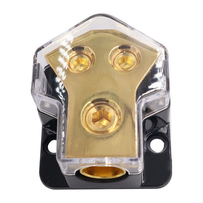 Car audio power splitter terminal block, gold metal face with three screw posts, black base