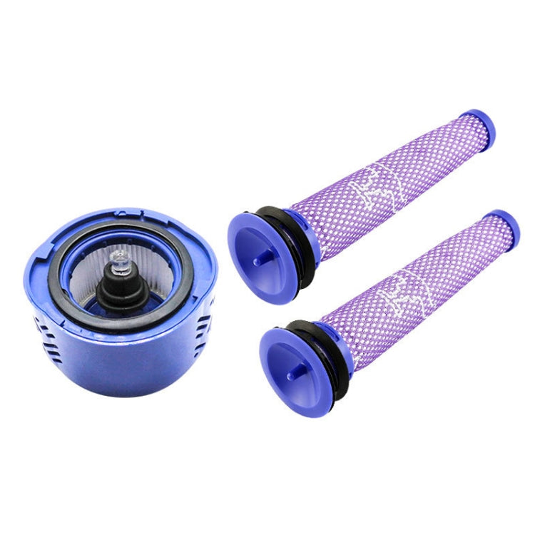 Dyson V6 filter set: one blue base filter and two purple mesh cylinders