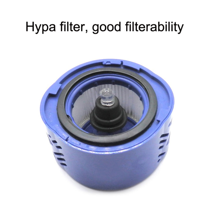 Blue circular Dyson V6 filter housing with black central seal and grey pleated mesh