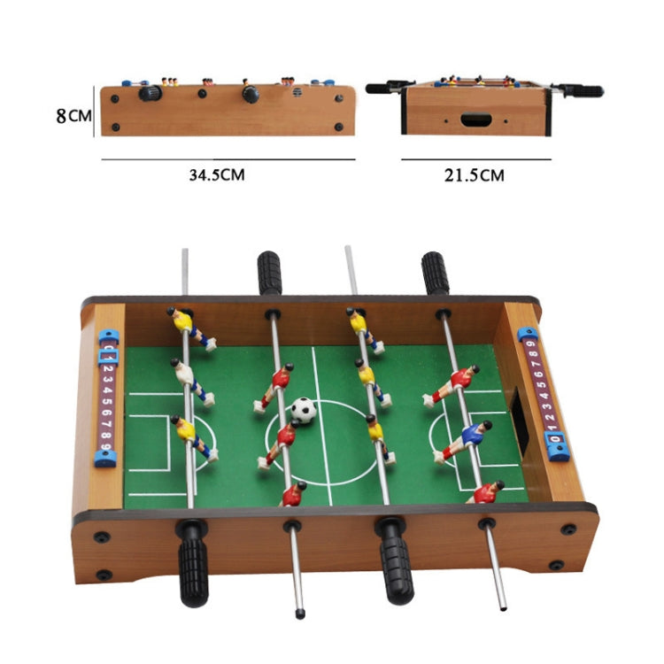 Mini wooden foosball table with dimensions 34.5x21.5x8cm and green playing field
