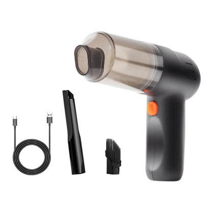 Black handheld car vacuum cleaner with crevice and brush attachments and charging cable