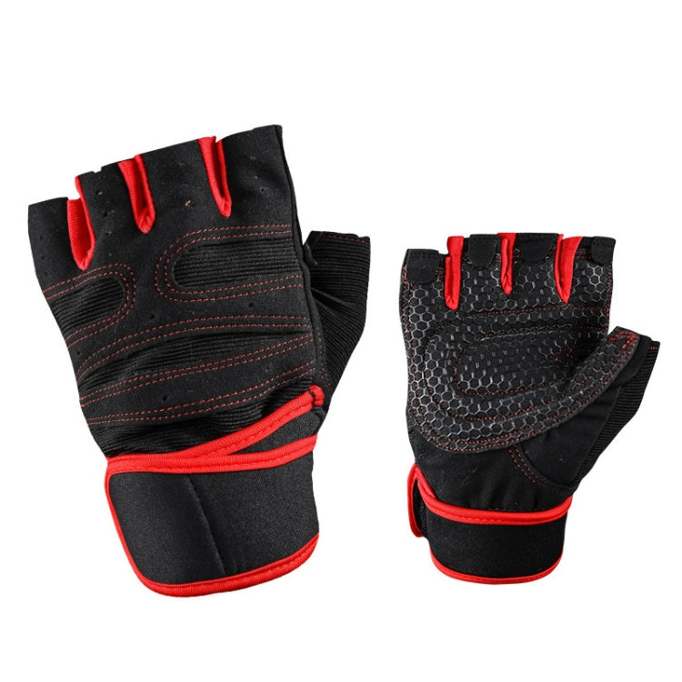 Anti-slip gym exercise gloves, black with red accents, padded palm and knuckle stitching
