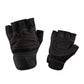 Anti-slip gym exercise gloves, black with dark red accents, padded palm and knuckle stitching