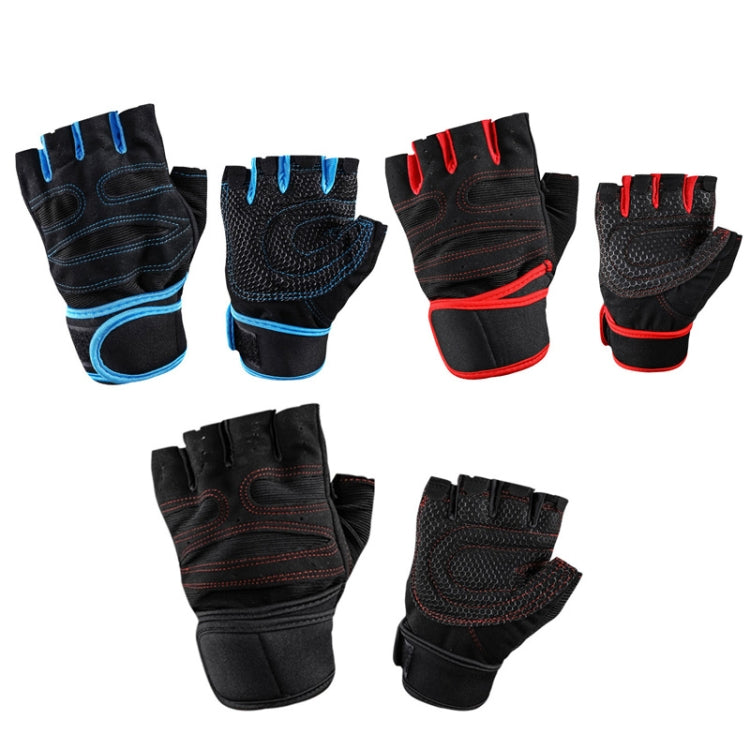 Assorted anti-slip gym gloves in black with blue or red accents, padded palms
