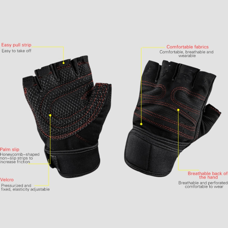 Black anti-slip exercise gloves with red accents, breathable perforated fabric and wrist fit