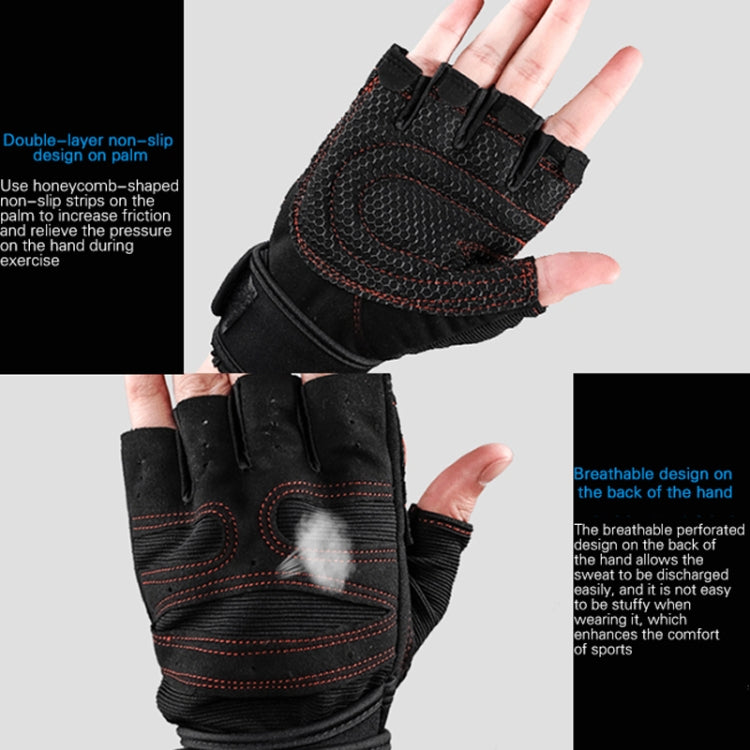 Black anti-slip workout gloves with red stitching, padded wrist strap and perforated back
