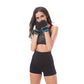 Black anti-slip exercise gloves with blue accents worn by a woman, full-finger fit