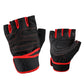 Anti-slip gym exercise gloves, black with red accents, padded palm and grip seams