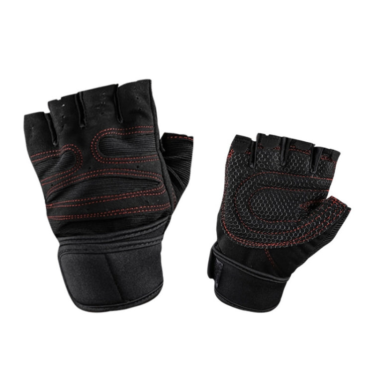 Anti-slip gym exercise gloves, black with dark red accents, padded palm and grip seams