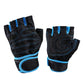 Anti-slip gym exercise gloves, black with blue accents, padded palm and knuckle stitching